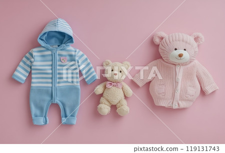 Sweet baby clothes and toys arranged on a soft pink background for a charming nursery display Sweet baby clothes and toys arranged on a soft pink background for a charming nursery display 119131743