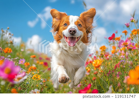 Happy dog joyfully leaps through a vibrant flower field under a bright blue sky 119131747