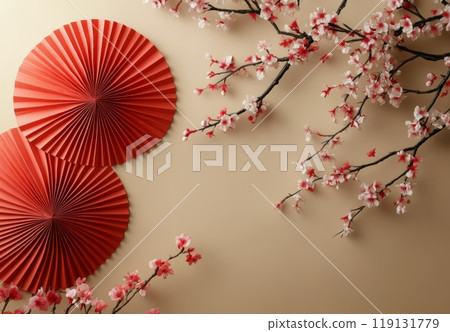 Elegant display of cherry blossoms and paper fans on a light background for spring decor 119131779