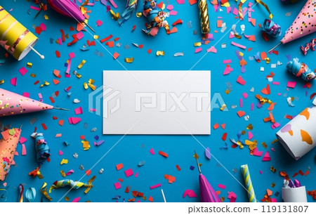 Festive celebration setup with colorful party hats and confetti on a bright blue background Festive celebration setup with colorful party hats and confetti on a bright blue background 119131807