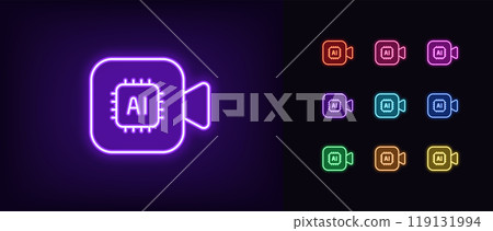 Outline neon AI camera, icon set. Glowing neon, AI video processing algorithms. Neural network for generating movie and music clip, artificial intelligence for video content creation. Vector icons 119131994