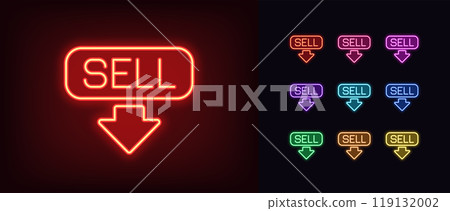 Outline neon sell icon set. Glowing neon sell button with down arrow, decline stock market. Stock exchange trading, forecast signal to Sell, falling share price, bearish stock market. Vector icons Outline neon sell icon set. Glowing neon sell button with down arrow, decline stock market. Stock exchange trading, forecast signal to Sell, falling share price, bearish stock market. Vector icons 119132002