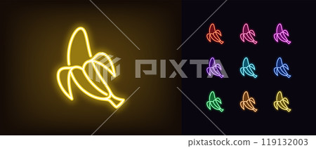 Outline neon banana icon set. Glowing neon banana fruit with opened peel, outline silhouette. Ripe tropical fruit, banana garden, organic food, fruit diet, summer vitamins, health food. Vector icons Outline neon banana icon set. Glowing neon banana fruit with opened peel, outline silhouette. Ripe tropical fruit, banana garden, organic food, fruit diet, summer vitamins, health food. Vector icons 119132003