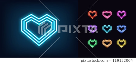 Outline neon geometric heart, icon set. Glowing neon angular heart with concentric outline silhouette. Digital love, romantic symbol, retro heart sign, geometric angular shape, amour. Vector icons 119132004