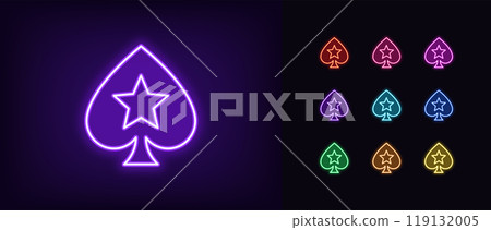 Outline neon poker spade icon set. Glowing neon spade suit with star icon, outline silhouette. Royal poker game, spades ace, play card suit, poker superstar, casino playroom, jackpot. Vector icons Outline neon poker spade icon set. Glowing neon spade suit with star icon, outline silhouette. Royal poker game, spades ace, play card suit, poker superstar, casino playroom, jackpot. Vector icons 119132005