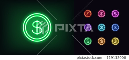 Outline neon dollar coin icon set. Glowing neon coin with dollar sign, outline token. USD currency, digital money token, financial market and trade, money earn, finance budget, bank cash. Vector icons 119132006