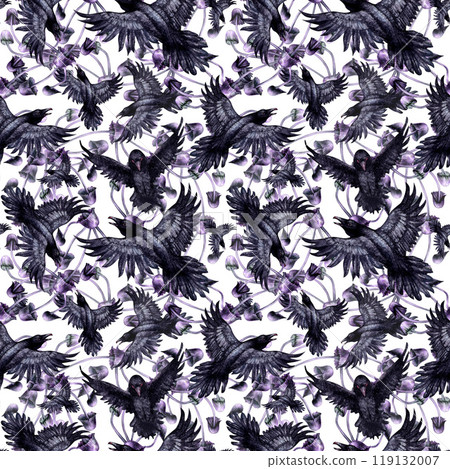 Seamless pattern with black ravens and purple toadstools. Watercolor illustration of magic birds in a realistic style on a white background. Template design element for Halloween prints, fairy tales Seamless pattern with black ravens and purple toadstools. Watercolor illustration of magic birds in a realistic style on a white background. Template design element for Halloween prints, fairy tales 119132007