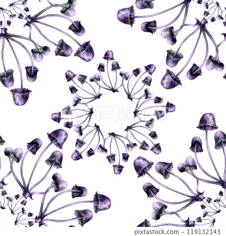 Seamless pattern with purple toadstools. Watercolor illustration of magic mushrooms in a realistic style on a white background. Template design element for Halloween prints, fairy tales Seamless pattern with purple toadstools. Watercolor illustration of magic mushrooms in a realistic style on a white background. Template design element for Halloween prints, fairy tales 119132143