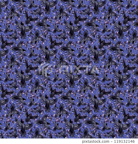 Seamless pattern with black ravens and purple toadstools. Watercolor illustration of magic birds in a realistic style on a blue background. Template design element for Halloween prints, fairy tales Seamless pattern with black ravens and purple toadstools. Watercolor illustration of magic birds in a realistic style on a blue background. Template design element for Halloween prints, fairy tales 119132146