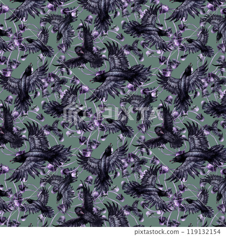 Seamless pattern with black ravens and purple toadstools. Watercolor illustration of magic birds in a realistic style on a green background. Template design element for Halloween prints, fairy tales Seamless pattern with black ravens and purple toadstools. Watercolor illustration of magic birds in a realistic style on a green background. Template design element for Halloween prints, fairy tales 119132154