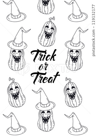 Card or poster with cute Halloween illustration with jack-o-lantern pumpkins 119132177