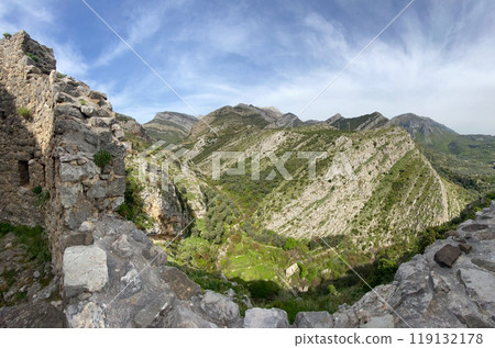Mountain view from ancient fortress walls of Old Bar town. Montenegro, Europe. 119132178