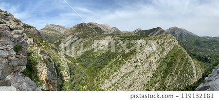 Mountain panorama from ancient fortress walls of Old Bar town. Montenegro, Europe. 119132181