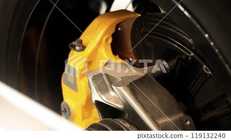 Car suspension and drive shaft. Structure of EV car spare parts. Such as Front or Rear suspension Shock absorber suspension Brake. Elements of the suspension and Chassis structure. Car service repair. 119132240