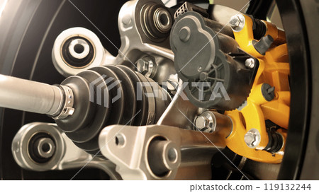 Car suspension and drive shaft. Structure of EV car spare parts. Such as Front or Rear suspension Shock absorber suspension Brake. Elements of the suspension and Chassis structure. Car service repair. Car suspension and drive shaft. Structure of EV car spare parts. Such as Front or Rear suspension Shock absorber suspension Brake. Elements of the suspension and Chassis structure. Car service repair. 119132244