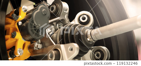 Car suspension and drive shaft. Structure of EV car spare parts. Such as Front or Rear suspension Shock absorber suspension Brake. Elements of the suspension and Chassis structure. Car service repair. 119132246