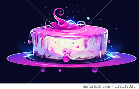 Cheesecake features smooth, creamy base that is elegantly topped with glossy layer of colorful icing, which drips slightly down sides. For advertise cafe, patisserie, restaurant, food blog, cookbook. 119132323