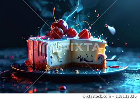 Cheesecake features smooth, creamy base that is elegantly topped with glossy layer of colorful icing, which drips slightly down sides. For advertise cafe, patisserie, restaurant, food blog, cookbook. Cheesecake features smooth, creamy base that is elegantly topped with glossy layer of colorful icing, which drips slightly down sides. For advertise cafe, patisserie, restaurant, food blog, cookbook. 119132326