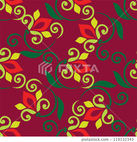 Floral pattern Tatar Native Ornamental border with tulips. Culture of the Tatar people, symbols of green and red 119132343