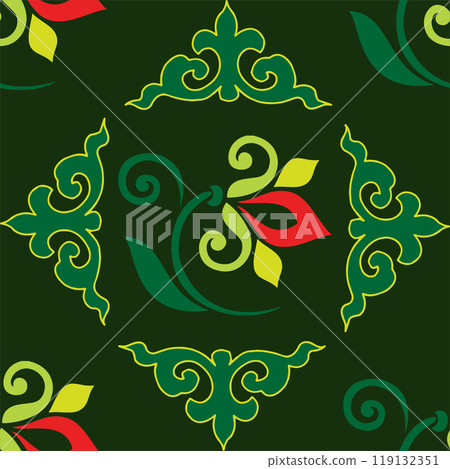 Floral pattern Tatar Native Ornamental border with tulips. Culture of the Tatar people, symbols of green and red Floral pattern Tatar Native Ornamental border with tulips. Culture of the Tatar people, symbols of green and red 119132351
