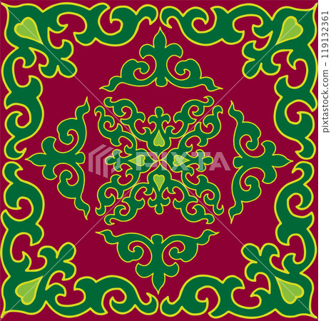 Floral pattern Tatar Native Ornamental border with tulips. Culture of the Tatar people, symbols of green and red Floral pattern Tatar Native Ornamental border with tulips. Culture of the Tatar people, symbols of green and red 119132361
