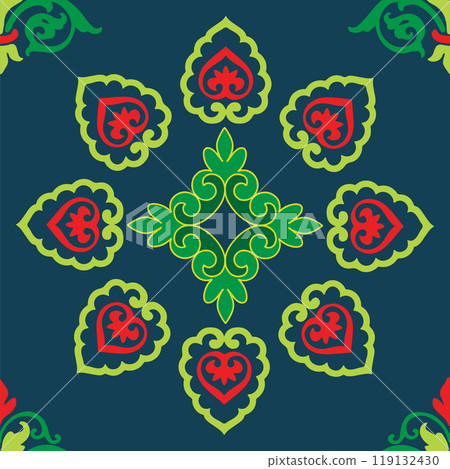 Tatar seamless pattern. Islamic tulip, floral geometry. Culture of the Tatar people, symbols of green and red. Tatar seamless pattern. Islamic tulip, floral geometry. Culture of the Tatar people, symbols of green and red. 119132430
