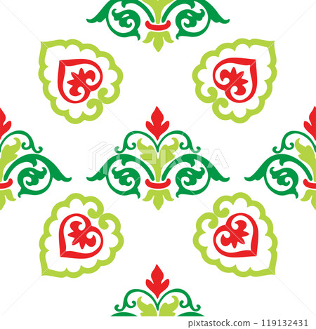 Tatar seamless pattern. Islamic tulip, floral geometry. Culture of the Tatar people, symbols of green and red. 119132431