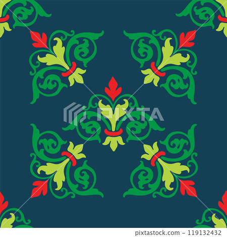 Tatar seamless pattern. Islamic tulip, floral geometry. Culture of the Tatar people, symbols of green and red. 119132432