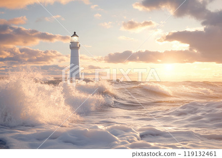 Lighthouse on a rocky coastal cliff with a ocean background 119132461