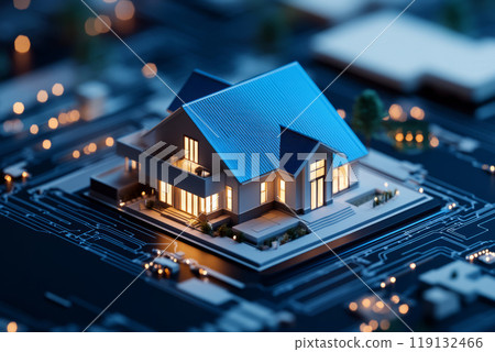 3D model of a smart home with illuminated blue accents. Futuristic architecture, technology integration 119132466