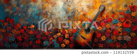 Colorful Abstract Guitar and Floral Art Composition 119132559
