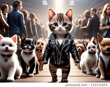 Kitten in a leather jacket at a fashion show. Artificial intelligence.  119132634