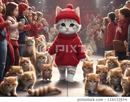 A stylish kitten in a red sweater sits among a crowd of cats. AI generated. A stylish kitten in a red sweater sits among a crowd of cats. AI generated. 119132654