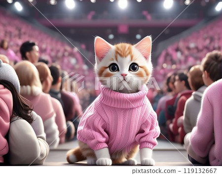 A stylish kitten in a pink sweater sits among a crowd of people. AI generated. A stylish kitten in a pink sweater sits among a crowd of people. AI generated. 119132667