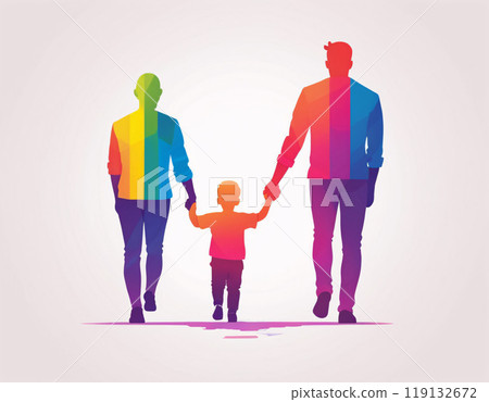 Drawing of a non-traditional family. Rear view of two men and their son walking holding hands. Drawing of a non-traditional family. Rear view of two men and their son walking holding hands. 119132672