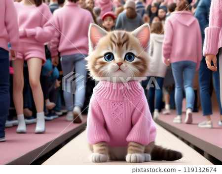 A stylish kitten in a pink sweater sits among a crowd of people. AI generated.  119132674