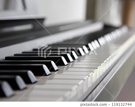 Keyboard and piano keys with focus on white keys in a perspective image with a blurred background. Musical digital instrument, musical literacy training, music, sheet music and solfeggio Keyboard and piano keys with focus on white keys in a perspective image with a blurred background. Musical digital instrument, musical literacy training, music, sheet music and solfeggio 119132744