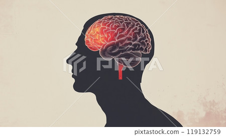 Silhouette of human head with brain highlighted in red neon light 119132759