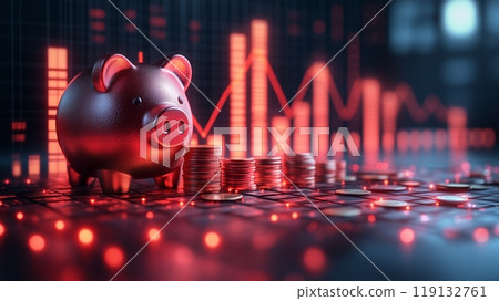 Shiny piggy bank and stacked coins on financial chart with red led lights Shiny piggy bank and stacked coins on financial chart with red led lights 119132761