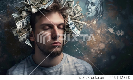 A close-up of a man's head on a plain background with a wreath of money around it. Concept of fixation on money, achievement 119132838