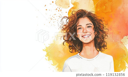 Teen White Woman with Brown Curly Hair watercolor illustration. 119132856