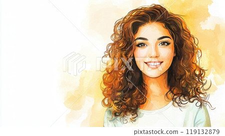 Teen Persian Woman with Brown Curly Hair watercolor illustration. 119132879