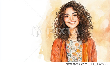 Teen Persian Woman with Brown Curly Hair watercolor illustration. 119132880