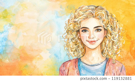 Teen Persian Woman with Blond Curly Hair watercolor illustration. 119132881