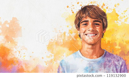 Teen Latino Man with Brown Straight Hair watercolor illustration. 119132900