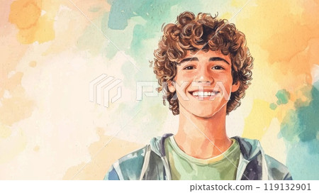 Teen Latino Man with Brown Curly Hair watercolor illustration. 119132901