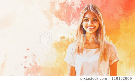 Teen Indian Woman with Blond Straight Hair watercolor illustration. 119132909
