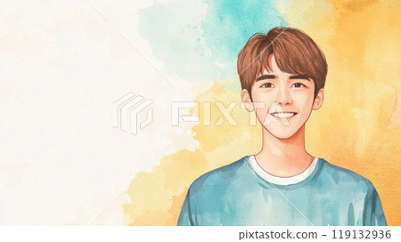 Teen Chinese Man with Brown Straight Hair watercolor illustration. Teen Chinese Man with Brown Straight Hair watercolor illustration. 119132936