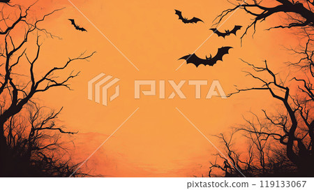 Halloween Silhouette with Bats and Trees on Orange Background 119133067