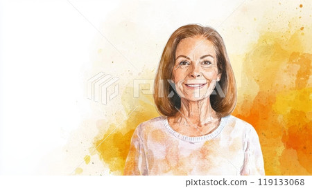 Old White Woman with Brown Straight Hair watercolor illustration. 119133068
